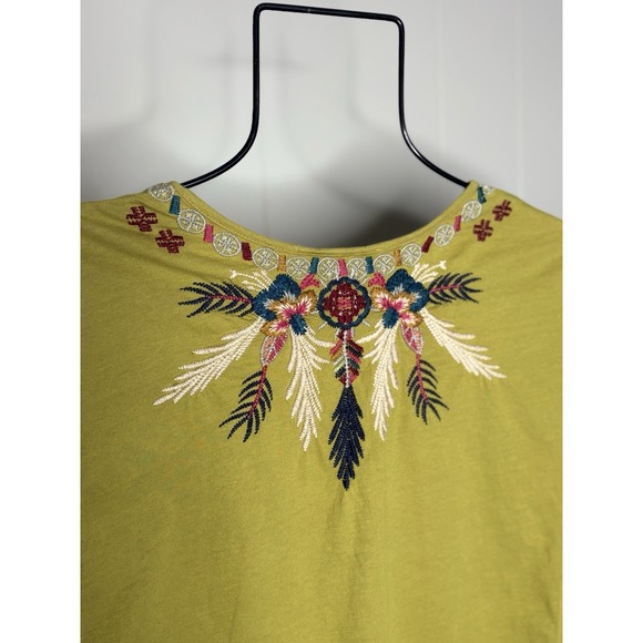 Johnny Was Sz L Carmella Embroidered Knit Shirt Top Floral Short Sleeve Green - Picture 7 of 8